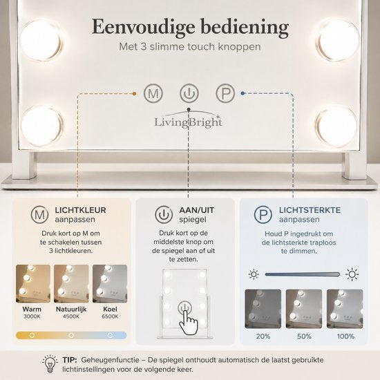 Livingbright - Make Up Spiegel met Verlichting - Kantelbaar - Rechthoekig - Wit - afbeelding 7