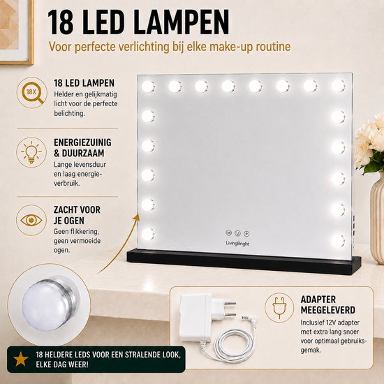 Livingbright - Make Up Spiegel - Hollywood Spiegel met Verlichting 80X62CM - 3 Lichtkleuren - Dimbaar - USB Oplader - Zwart - afbeelding 2