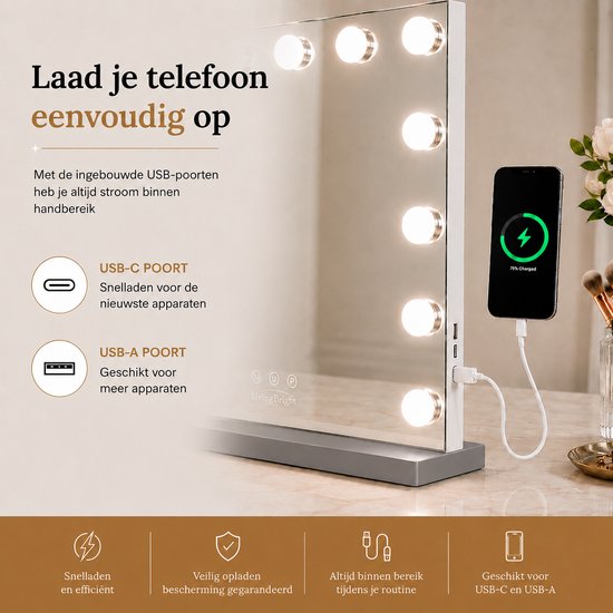 Livingbright - Make Up Spiegel - Hollywood Spiegel met Verlichting 80X62CM - 3 Lichtkleuren - Dimbaar - USB Oplader - Grijs - afbeelding 3