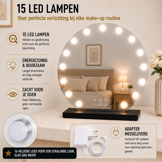 Livingbright - Make Up Spiegel Rond - Hollywood Spiegel met Verlichting 60X57CM - 3 Lichtkleuren - Dimbaar - USB Oplader - Zwart - afbeelding 3