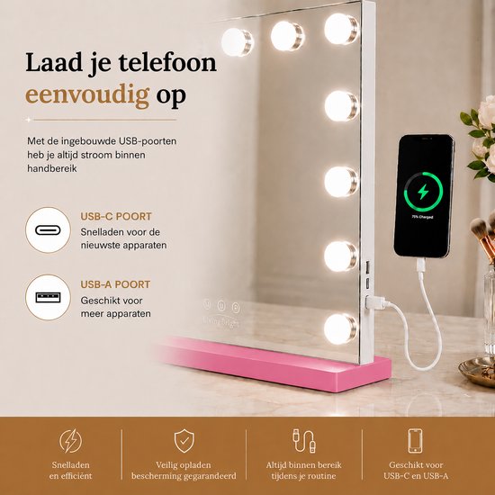 Livingbright - Make Up Spiegel - Hollywood Spiegel met Verlichting 80X62CM - 3 Lichtkleuren - Dimbaar - USB Oplader - Roze - afbeelding 2