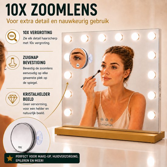 Livingbright - Make Up Spiegel - Hollywood Spiegel met Verlichting 50X42CM - 3 Lichtkleuren - Dimbaar - USB Oplader - Goud - afbeelding 2