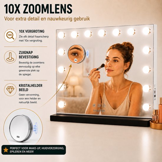Livingbright - Make Up Spiegel - Hollywood Spiegel met Verlichting 58X48CM - 3 Lichtkleuren - Dimbaar - USB Oplader - Zwart - afbeelding 12