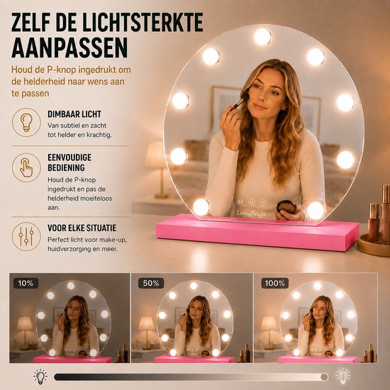 Livingbright - Make Up Spiegel Rond - Hollywood Spiegel met Verlichting 40X37CM - 3 Lichtkleuren - Dimbaar - USB Oplader - Roze - afbeelding 3