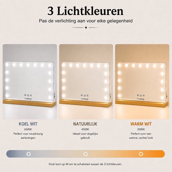 Livingbright - Make Up Spiegel - Hollywood Spiegel met Verlichting 58X48CM - 3 Lichtkleuren - Dimbaar - USB Oplader - Goud - afbeelding 3