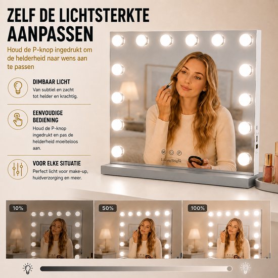 Livingbright - Make Up Spiegel - Hollywood Spiegel met Verlichting 50X42CM - 3 Lichtkleuren - Dimbaar - USB Oplader - Grijs - afbeelding 1