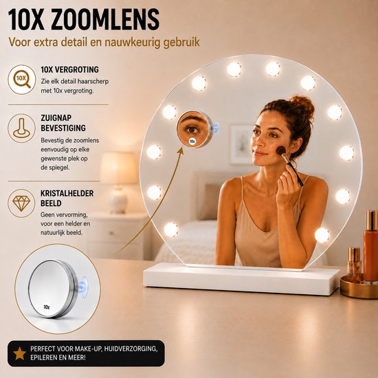 Livingbright - Make Up Spiegel Rond - Hollywood Spiegel met Verlichting 50X47CM - 3 Lichtkleuren - Dimbaar - USB Oplader - Wit - afbeelding 3