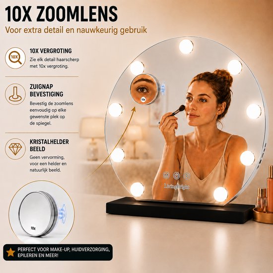 Livingbright - Make Up Spiegel Rond - Hollywood Spiegel met Verlichting 40X37CM - 3 Lichtkleuren - Dimbaar - USB Oplader - Zwart - afbeelding 3