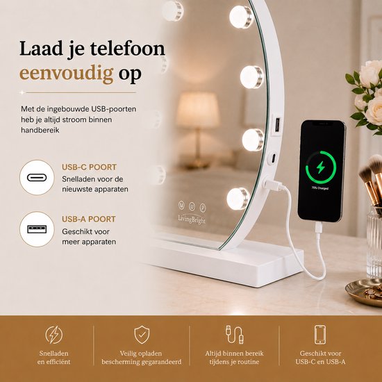 Livingbright - Make Up Spiegel Rond - Hollywood Spiegel met Verlichting 40X37CM - 3 Lichtkleuren - Dimbaar - USB Oplader - Wit - afbeelding 3