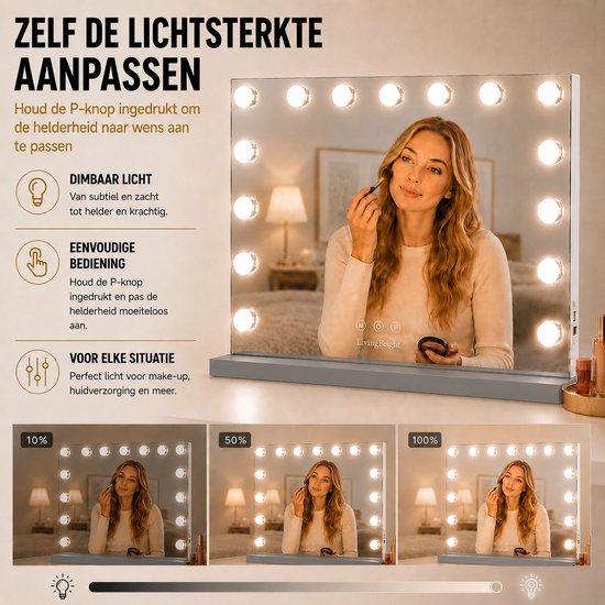 Livingbright - Make Up Spiegel - Hollywood Spiegel met Verlichting 58X48CM - 3 Lichtkleuren - Dimbaar - USB Oplader - Grijs - afbeelding 3