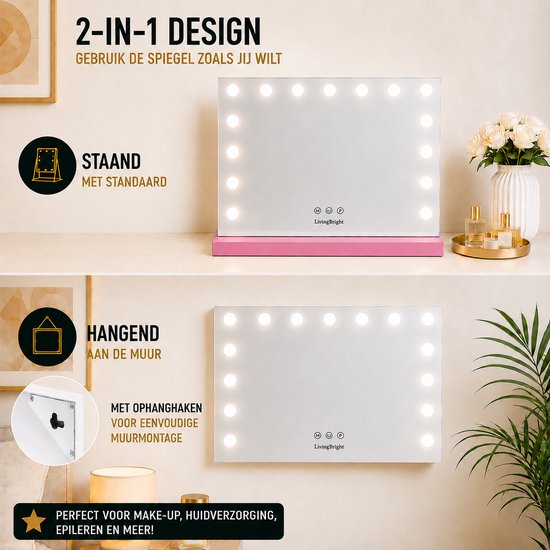 Livingbright - Make Up Spiegel - Hollywood Spiegel met Verlichting 58X48CM - 3 Lichtkleuren - Dimbaar - USB Oplader - Roze - afbeelding 3
