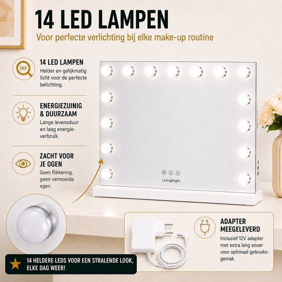 Livingbright - Make Up Spiegel - Hollywood Spiegel met Verlichting 58X48CM - 3 Lichtkleuren - Dimbaar - USB Oplader - Wit - afbeelding 3