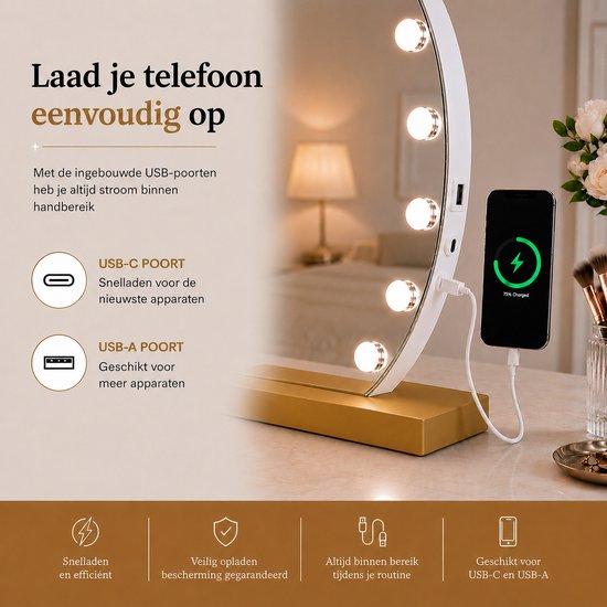 Livingbright - Make Up Spiegel Rond - Hollywood Spiegel met Verlichting 60X57CM - 3 Lichtkleuren - Dimbaar - USB Oplader - Goud - afbeelding 3