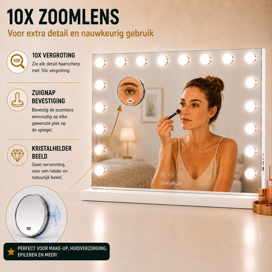 Livingbright - Make Up Spiegel - Hollywood Spiegel met Verlichting 80X62CM - 3 Lichtkleuren - Dimbaar - USB Oplader - Wit - afbeelding 4
