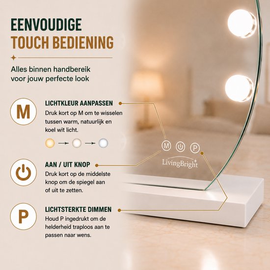 Livingbright - Make Up Spiegel Rond - Hollywood Spiegel met Verlichting 50X47CM - 3 Lichtkleuren - Dimbaar - USB Oplader - Wit - afbeelding 4