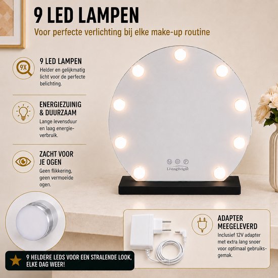 Livingbright - Make Up Spiegel Rond - Hollywood Spiegel met Verlichting 40X37CM - 3 Lichtkleuren - Dimbaar - USB Oplader - Zwart - afbeelding 4