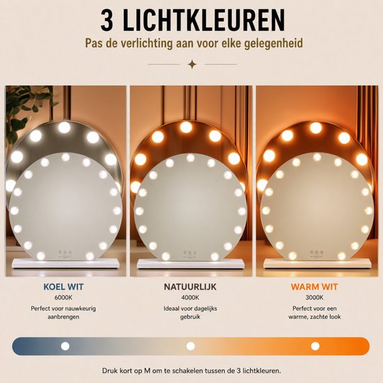 Livingbright - Make Up Spiegel Rond - Hollywood Spiegel met Verlichting 60X57CM - 3 Lichtkleuren - Dimbaar - USB Oplader - Wit - afbeelding 3
