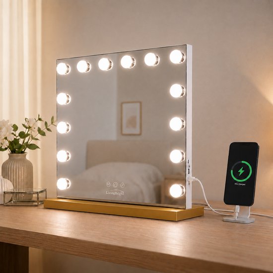 Livingbright - Make Up Spiegel - Hollywood Spiegel met Verlichting 50X42CM - 3 Lichtkleuren - Dimbaar - USB Oplader - Goud - afbeelding 4