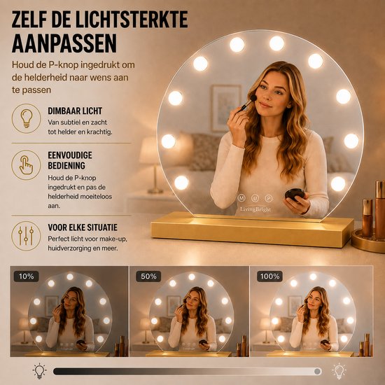 Livingbright - Make Up Spiegel Rond - Hollywood Spiegel met Verlichting 50X47CM - 3 Lichtkleuren - Dimbaar - USB Oplader - Goud - afbeelding 3