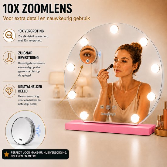 Livingbright - Make Up Spiegel Rond - Hollywood Spiegel met Verlichting 40X37CM - 3 Lichtkleuren - Dimbaar - USB Oplader - Roze - afbeelding 5