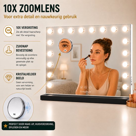 Livingbright - Make Up Spiegel - Hollywood Spiegel met Verlichting 80X62CM - 3 Lichtkleuren - Dimbaar - USB Oplader - Zwart - afbeelding 5