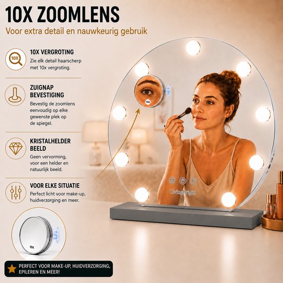 Livingbright - Make Up Spiegel Rond - Hollywood Spiegel met Verlichting 40X37CM - 3 Lichtkleuren - Dimbaar - USB Oplader - Grijs - afbeelding 6