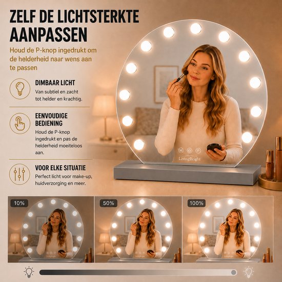 Livingbright - Make Up Spiegel Rond - Hollywood Spiegel met Verlichting 50X47CM - 3 Lichtkleuren - Dimbaar - USB Oplader - Grijs - afbeelding 2