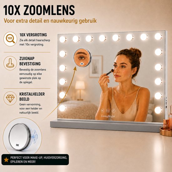 Livingbright - Make Up Spiegel - Hollywood Spiegel met Verlichting 80X62CM - 3 Lichtkleuren - Dimbaar - USB Oplader - Grijs - afbeelding 2