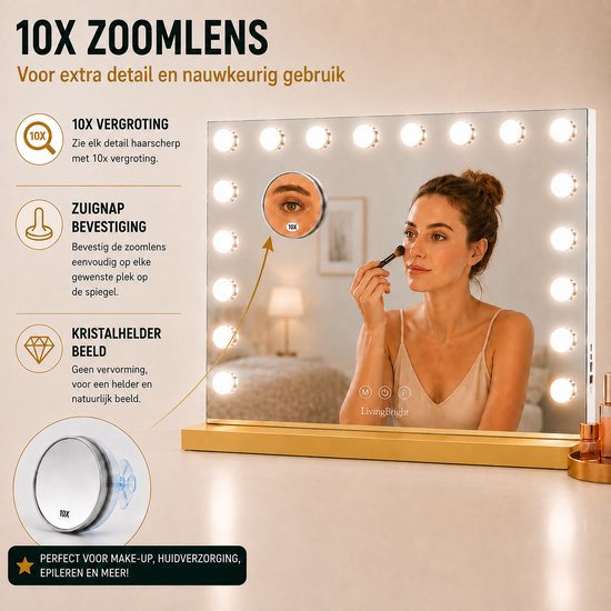 Livingbright - Make Up Spiegel - Hollywood Spiegel met Verlichting 80X62CM - 3 Lichtkleuren - Dimbaar - USB Oplader - Goud - afbeelding 5