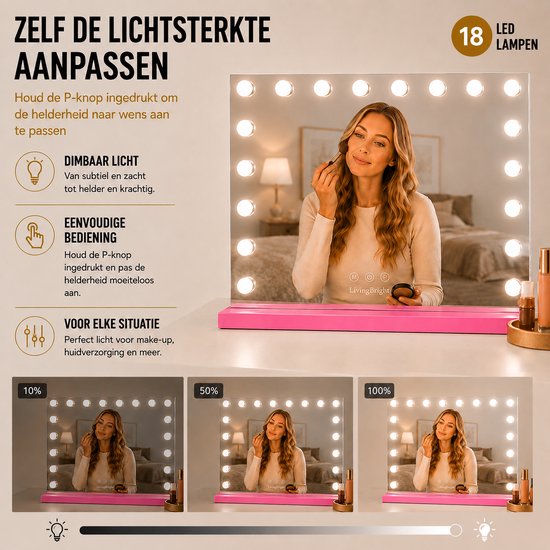 Livingbright - Make Up Spiegel - Hollywood Spiegel met Verlichting 80X62CM - 3 Lichtkleuren - Dimbaar - USB Oplader - Roze - afbeelding 3