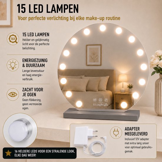 Livingbright - Make Up Spiegel Rond - Hollywood Spiegel met Verlichting 60X57CM - 3 Lichtkleuren - Dimbaar - USB Oplader - Grijs - afbeelding 3