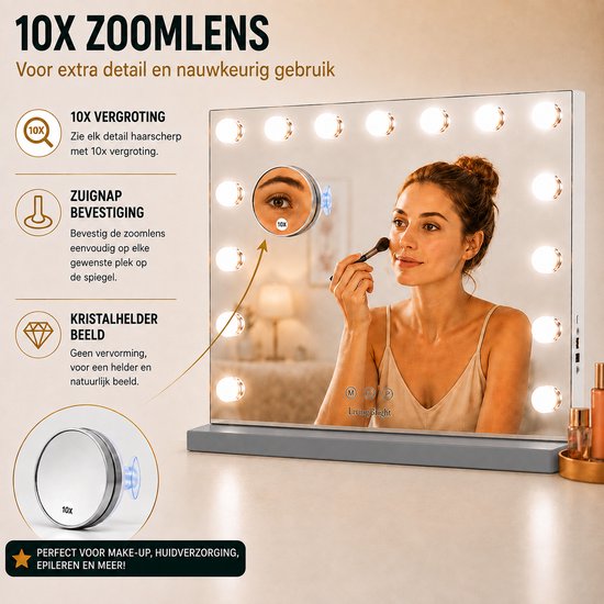 Livingbright - Make Up Spiegel - Hollywood Spiegel met Verlichting 58X48CM - 3 Lichtkleuren - Dimbaar - USB Oplader - Grijs - afbeelding 10