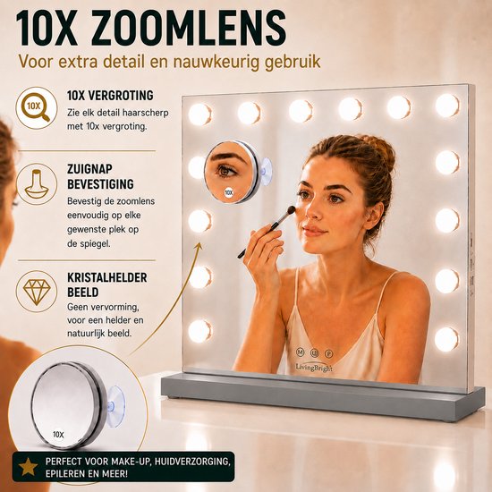 Livingbright - Make Up Spiegel - Hollywood Spiegel met Verlichting 50X42CM - 3 Lichtkleuren - Dimbaar - USB Oplader - Grijs - afbeelding 8