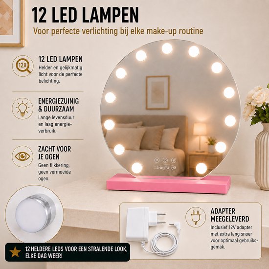 Livingbright - Make Up Spiegel Rond - Hollywood Spiegel met Verlichting 50X47CM - 3 Lichtkleuren - Dimbaar - USB Oplader - Roze - afbeelding 3