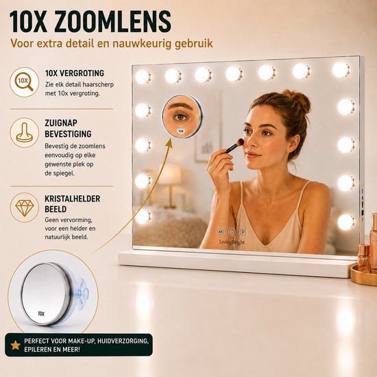 Livingbright - Make Up Spiegel - Hollywood Spiegel met Verlichting 58X48CM - 3 Lichtkleuren - Dimbaar - USB Oplader - Wit - afbeelding 11