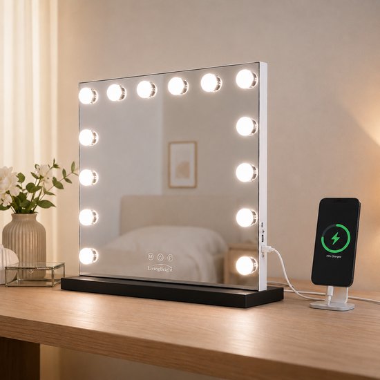 Livingbright - Make Up Spiegel - Hollywood Spiegel met Verlichting 50X42CM - 3 Lichtkleuren - Dimbaar - USB Oplader - Zwart - afbeelding 9
