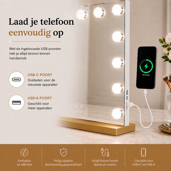 Livingbright - Make Up Spiegel - Hollywood Spiegel met Verlichting 80X62CM - 3 Lichtkleuren - Dimbaar - USB Oplader - Goud - afbeelding 2