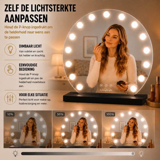 Livingbright - Make Up Spiegel Rond - Hollywood Spiegel met Verlichting 60X57CM - 3 Lichtkleuren - Dimbaar - USB Oplader - Zwart - afbeelding 2