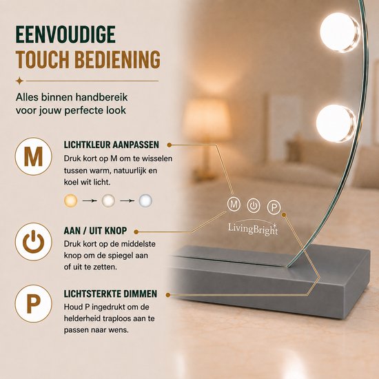 Livingbright - Make Up Spiegel Rond - Hollywood Spiegel met Verlichting 50X47CM - 3 Lichtkleuren - Dimbaar - USB Oplader - Grijs - afbeelding 3