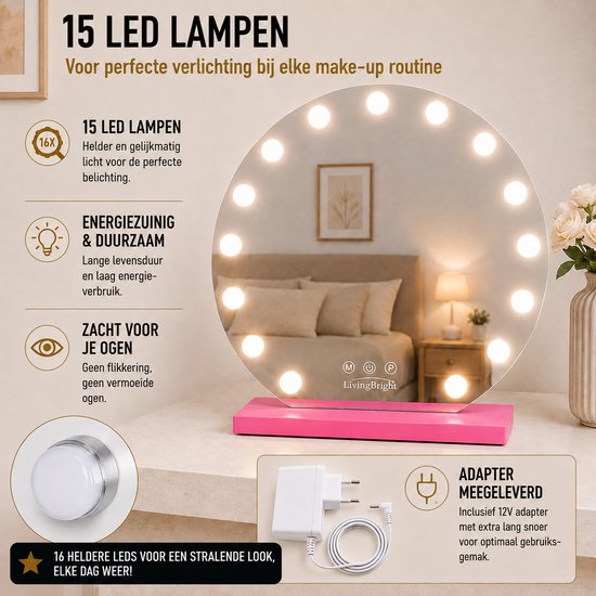 Livingbright - Make Up Spiegel Rond - Hollywood Spiegel met Verlichting 60X57CM - 3 Lichtkleuren - Dimbaar - USB Oplader - Roze - afbeelding 3
