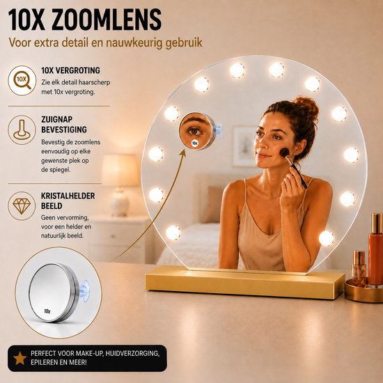 Livingbright - Make Up Spiegel Rond - Hollywood Spiegel met Verlichting 50X47CM - 3 Lichtkleuren - Dimbaar - USB Oplader - Goud - afbeelding 2