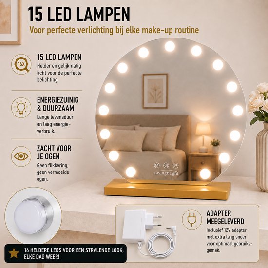Livingbright - Make Up Spiegel Rond - Hollywood Spiegel met Verlichting 60X57CM - 3 Lichtkleuren - Dimbaar - USB Oplader - Goud - afbeelding 2