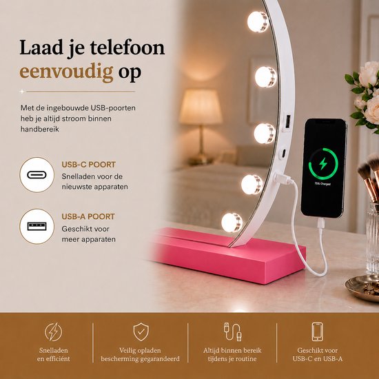 Livingbright - Make Up Spiegel Rond - Hollywood Spiegel met Verlichting 50X47CM - 3 Lichtkleuren - Dimbaar - USB Oplader - Roze - afbeelding 2