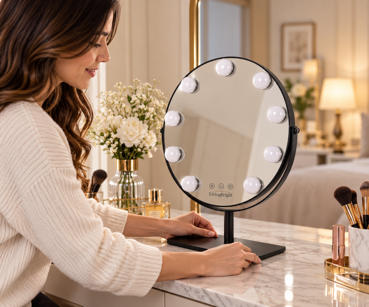 LivingBright runder drehbarer Make-up-Spiegel – 9 LED – Schwarz