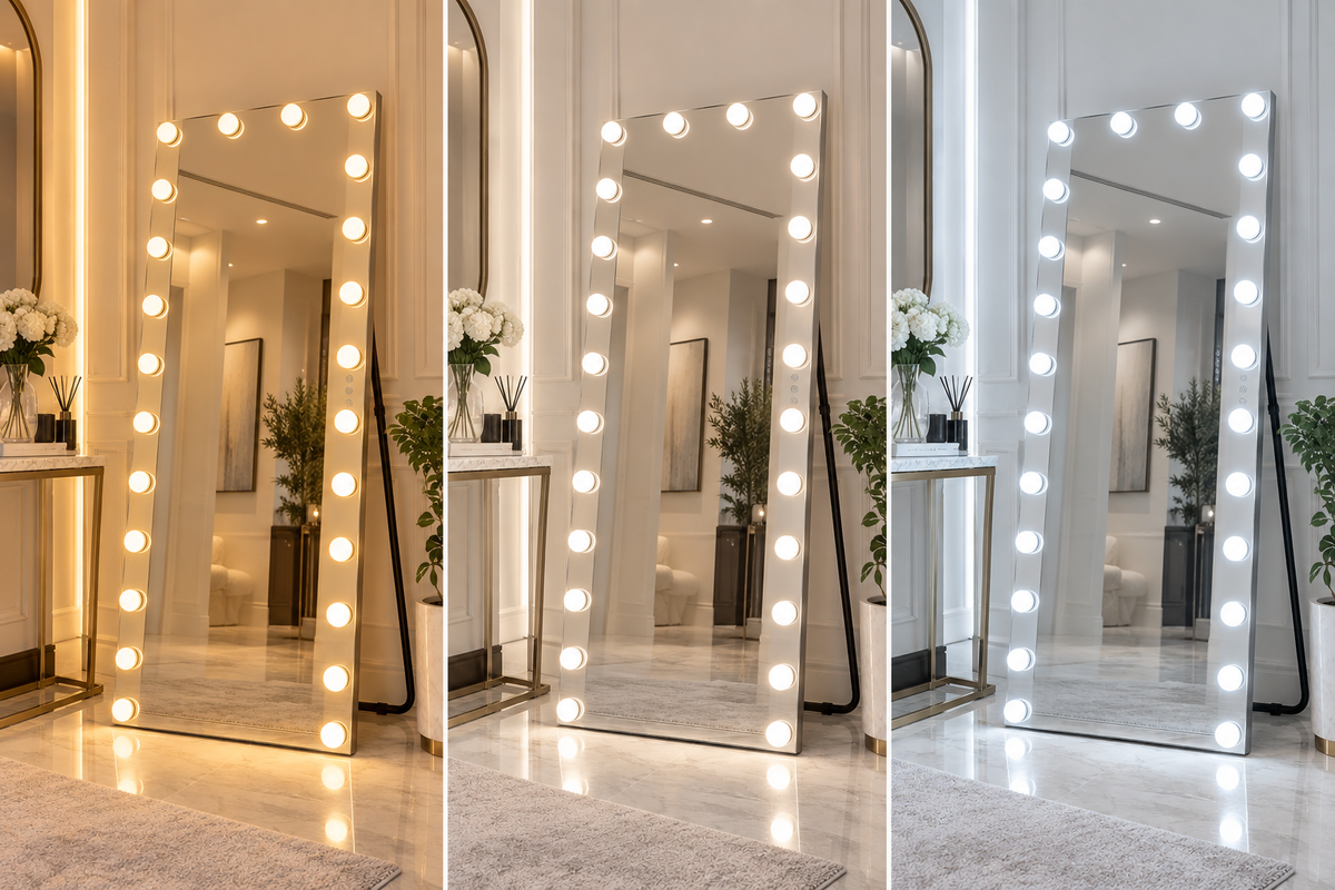 LivingBright Hollywood-Standspiegel 65x173cm – 24 LED – Weiß