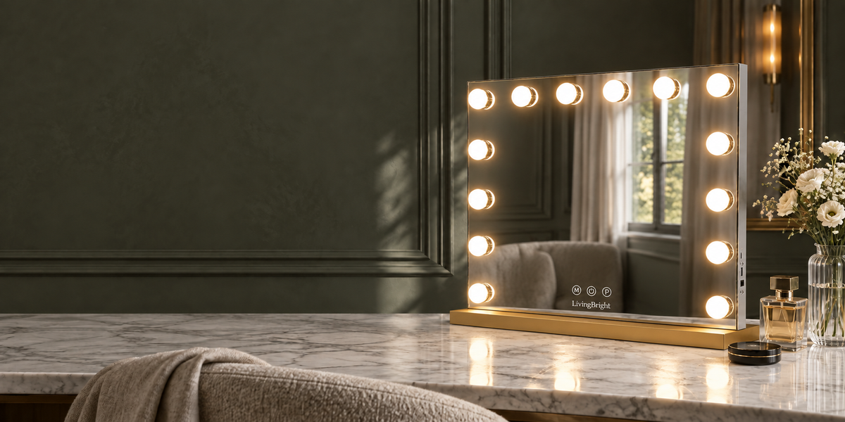 Gold LivingBright Hollywood mirror in an evening dressing room