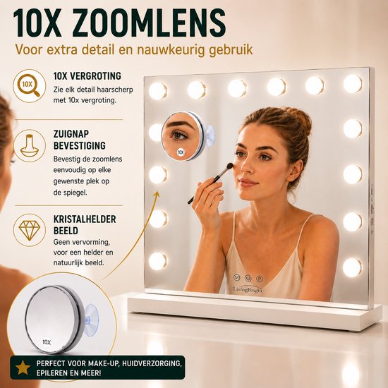 Livingbright - Make Up Spiegel - Hollywood Spiegel met Verlichting 50X42CM - 3 Lichtkleuren - Dimbaar - USB Oplader - Wit - afbeelding 2