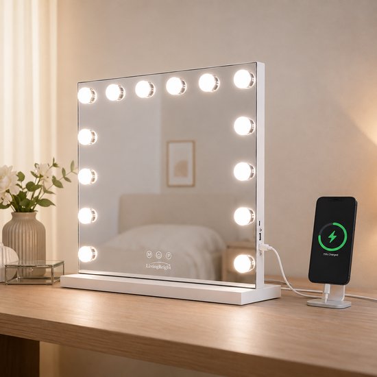 Livingbright - Make Up Spiegel - Hollywood Spiegel met Verlichting 50X42CM - 3 Lichtkleuren - Dimbaar - USB Oplader - Wit - afbeelding 12