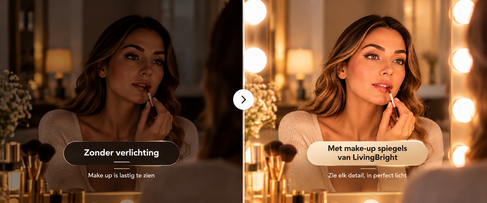 Make-up met en zonder LivingBright verlichting